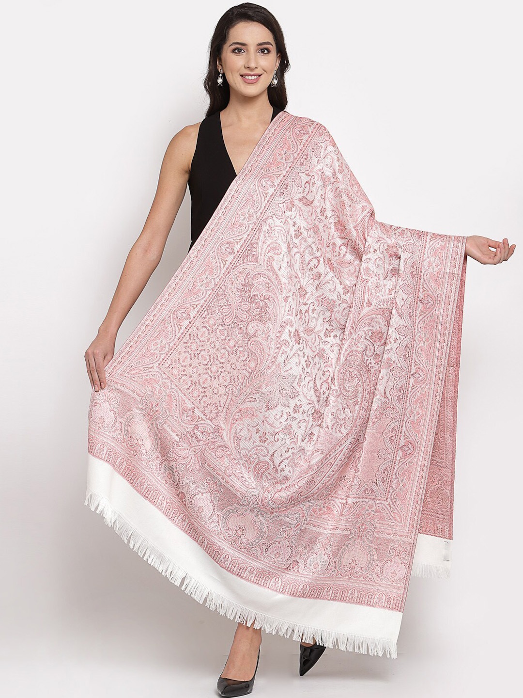 

Pashtush Women White & Pink Paisley Printed Jamawar Shawl