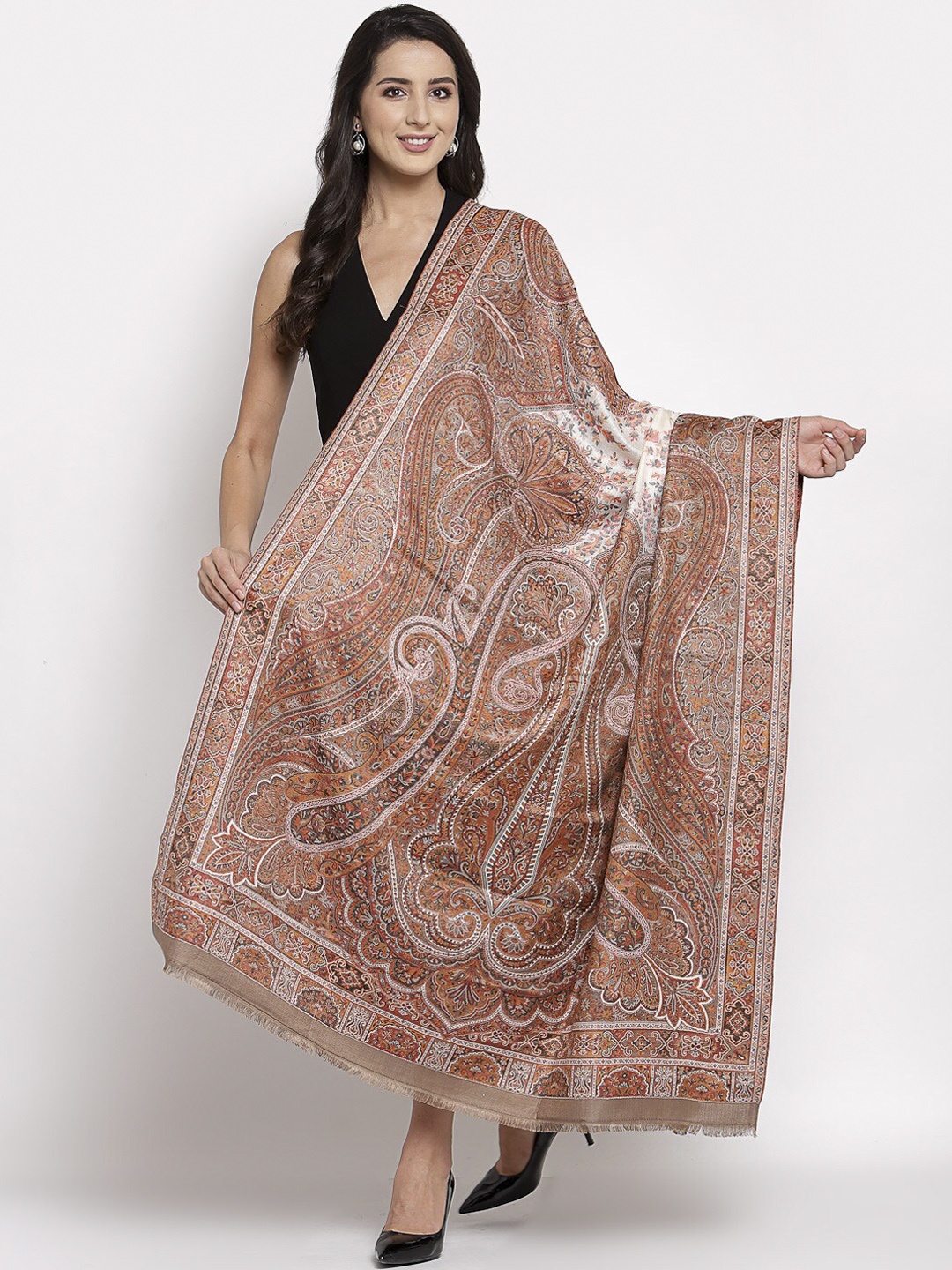 

Pashtush Women Beige & Yellow Paisley Printed Woollen Shawl