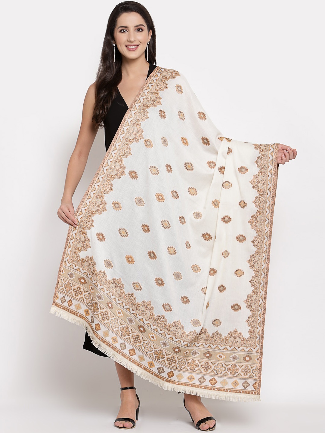 

Pashtush Women White & Beige Jacquard Woven design Shawl