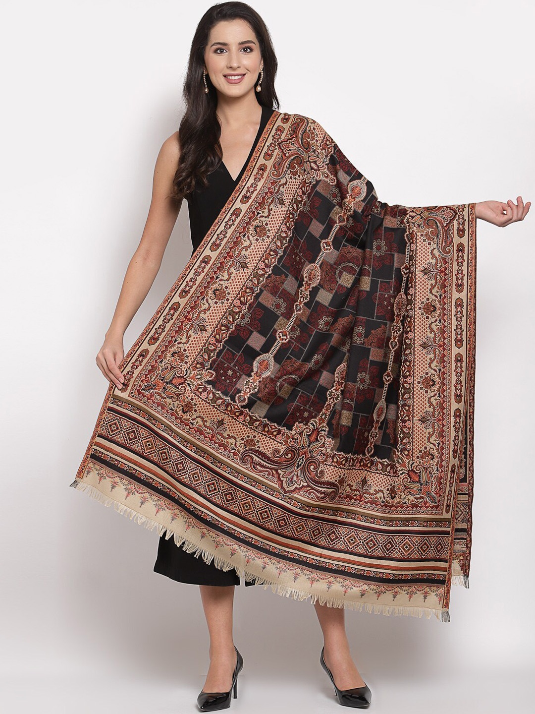 

Pashtush Women Black & Brown Paisley Printed Shawl