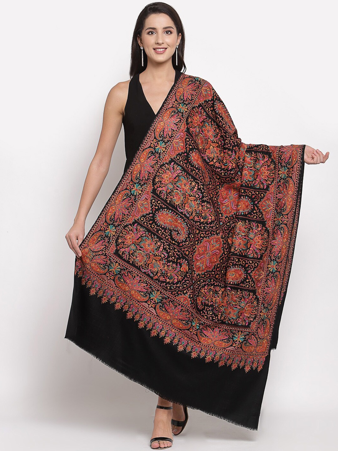

Pashtush Women Black & Orange Embroidered Shawl
