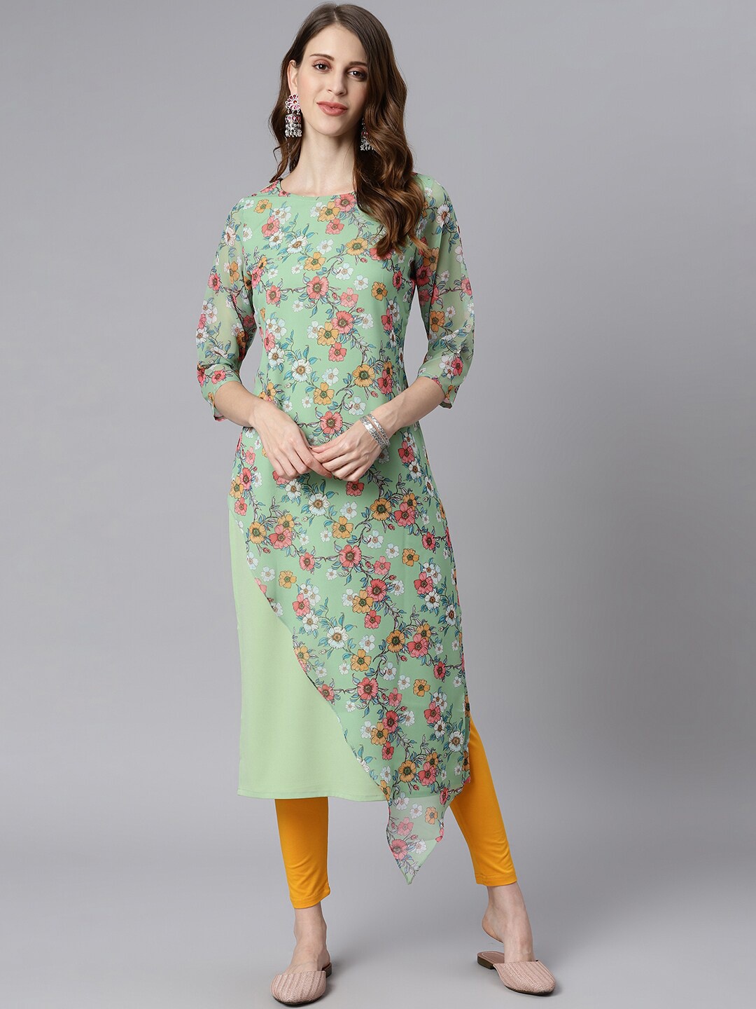 

Janasya Women Green & Pink Floral Printed Floral Crepe Kurta