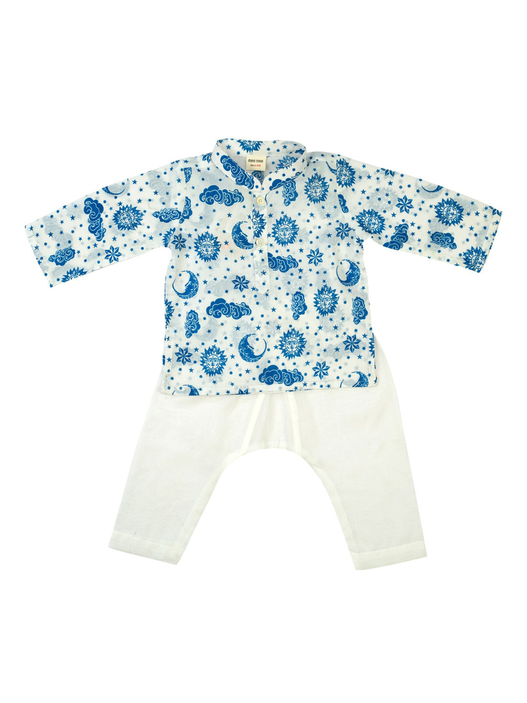 

MeeMee Boys White & Blue Ethnic Motifs Printed Regular Pure Cotton Kurta With Pyjamas