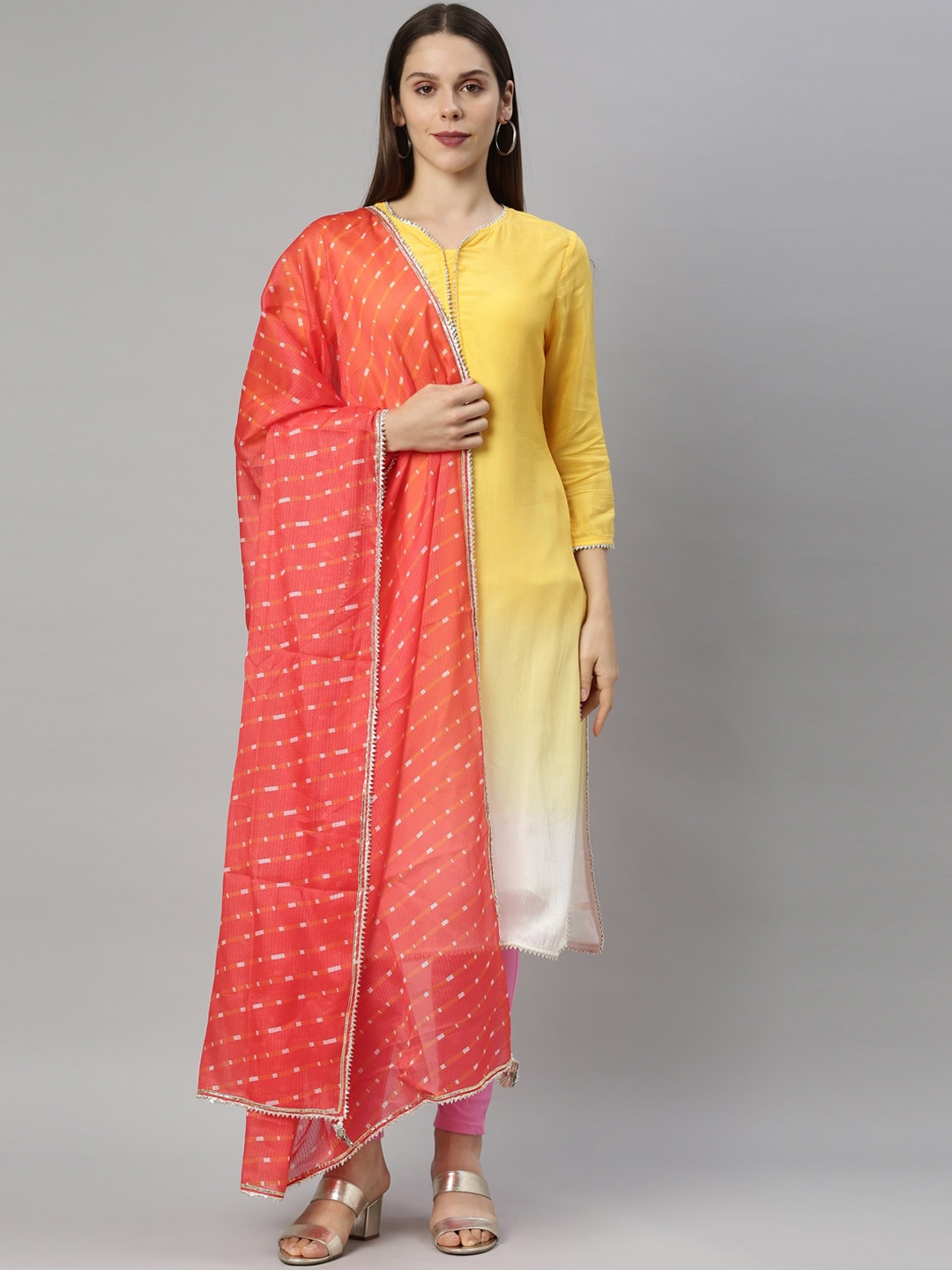 

Neerus Women Mustard Yellow & White Dyed Gotta Patti Kurta With Dupatta