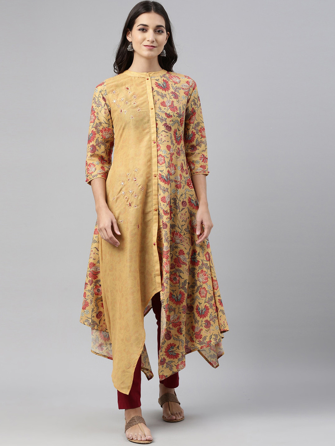 

Neerus Women Mustard Yellow & Red Floral Printed Asymmetric Kurta