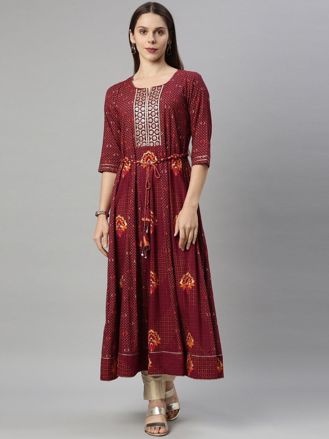 Neerus Women Maroon Ethnic Motifs Embroidered Thread Work Floral Anarkali Kurta