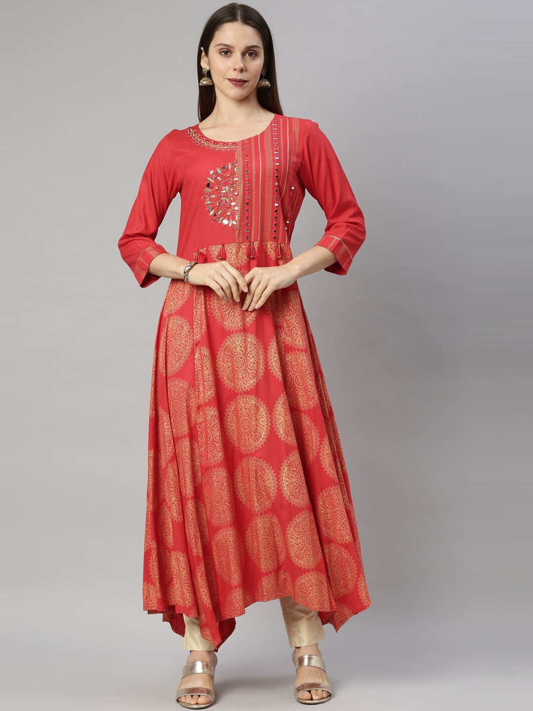 Neerus Women Red & Gold-Toned Paisley Printed Mirror Work Anarkali Kurta