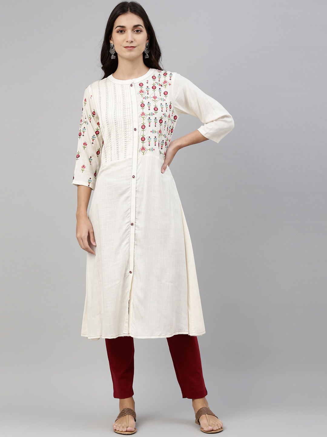 

Neerus Women Cream-Coloured & Pink Ethnic Motifs Embroidered Kurta