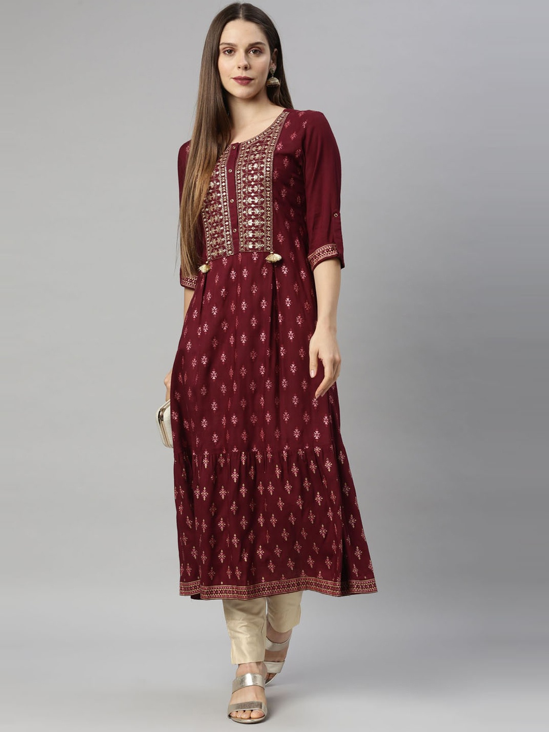 

Neerus Women Maroon Floral Embroidered Mirror Work Floral Anarkali Kurta