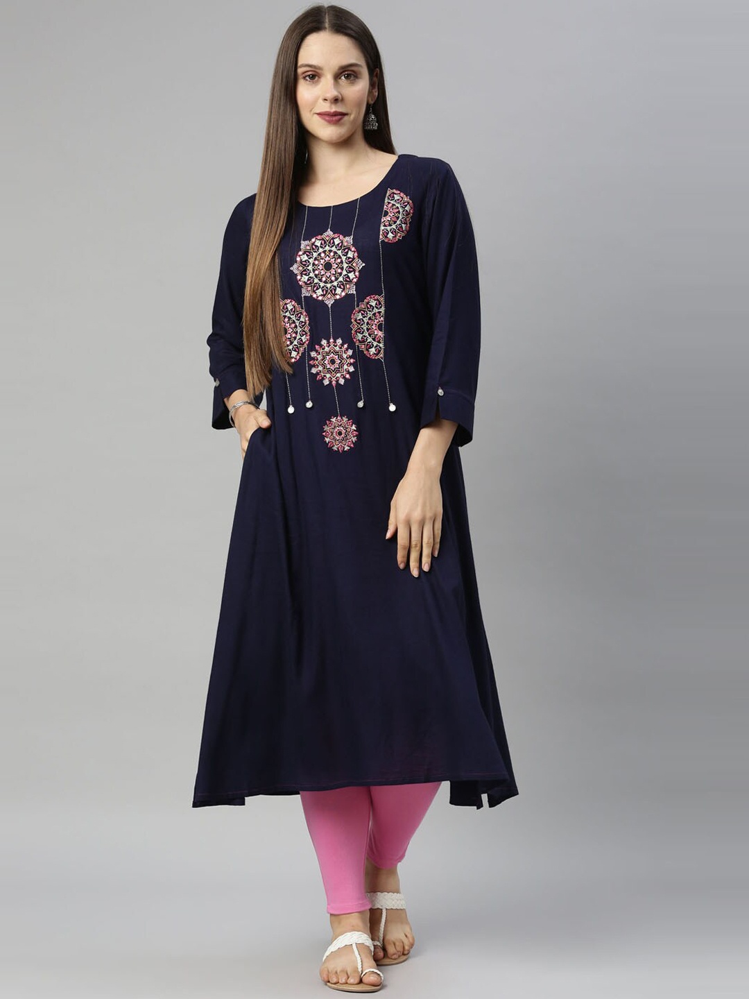 

Neerus Women Navy Blue Embroidered Keyhole Neck Flared Sleeves Thread Work Floral Kurta