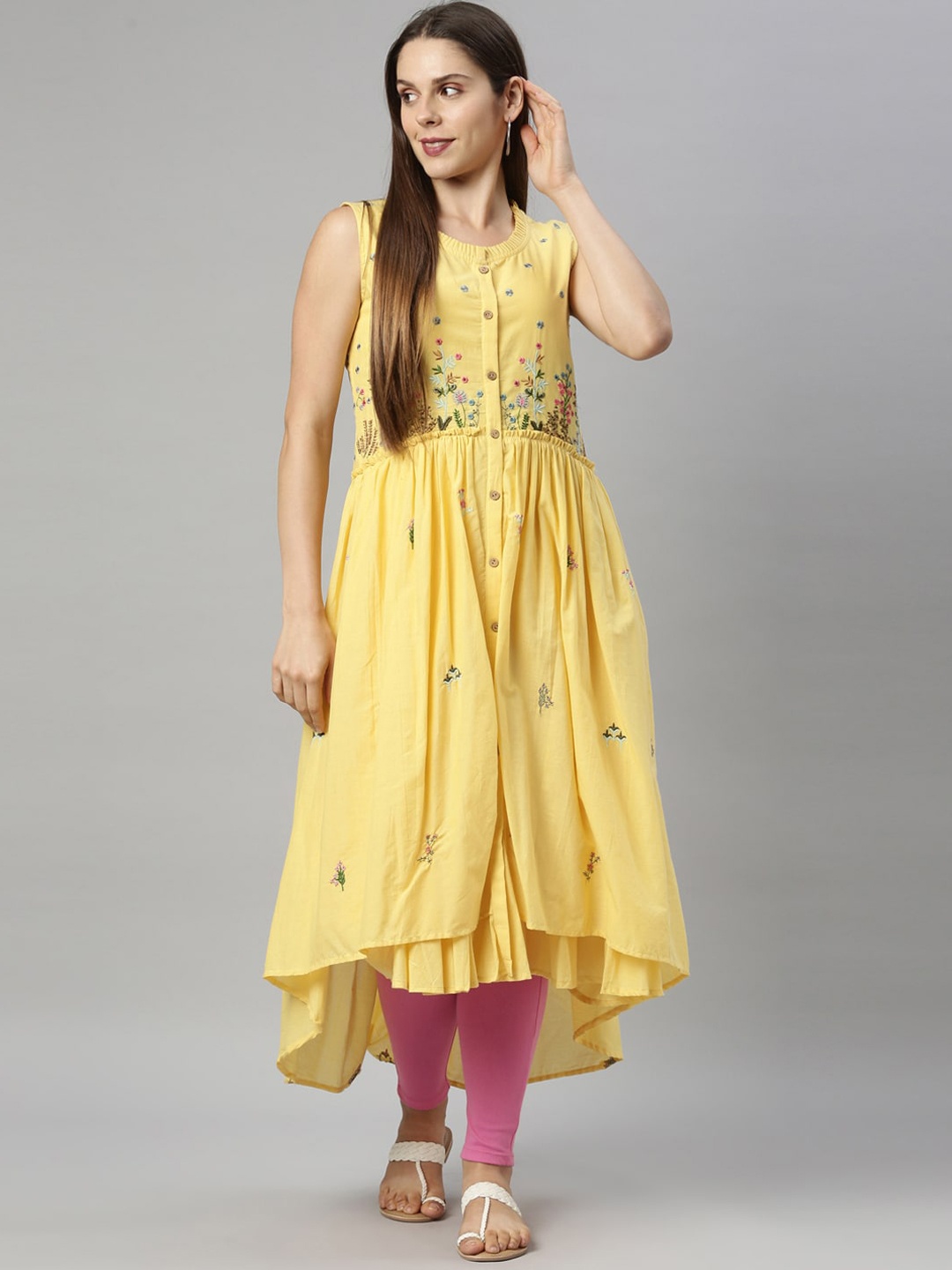 

Neerus Women Yellow Embroidered Floral Anarkali Kurta