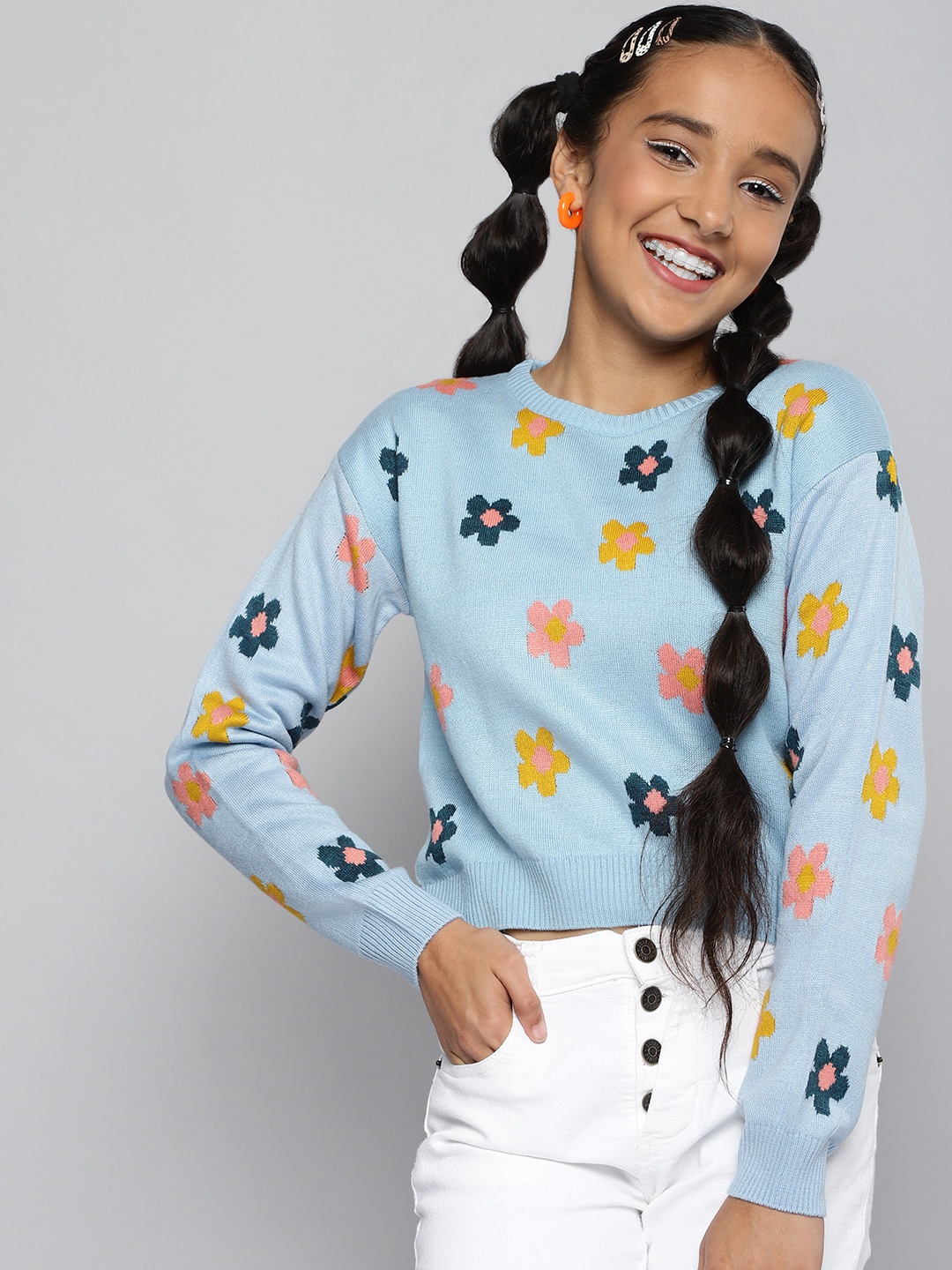 

JUSTICE Girls Blue & Mustard Yellow Floral Self-Design Pullover