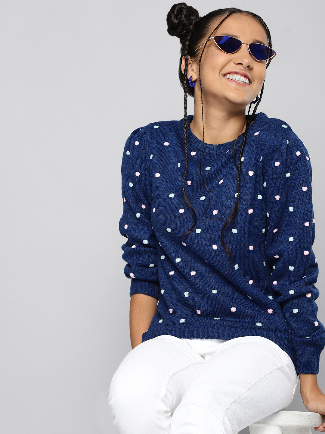 

JUSTICE Girls Navy Blue & Light Pink Polka Dot Self-Design Pullover
