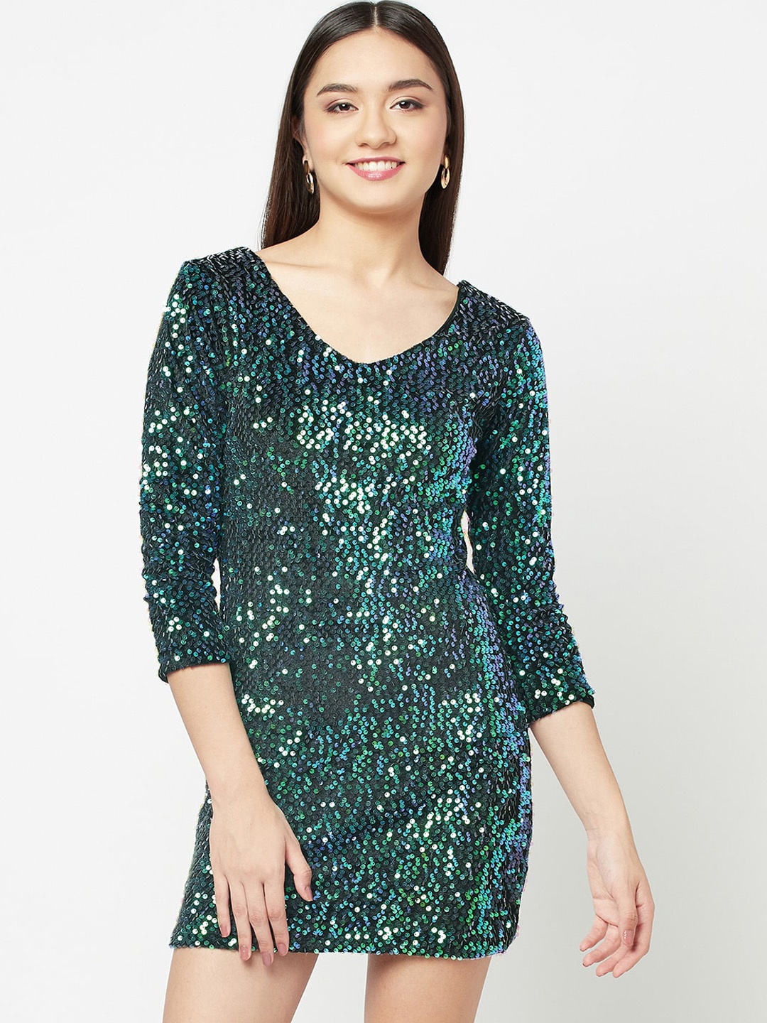 

iki chic Women Green Embellished Sequined Bodycon Dress