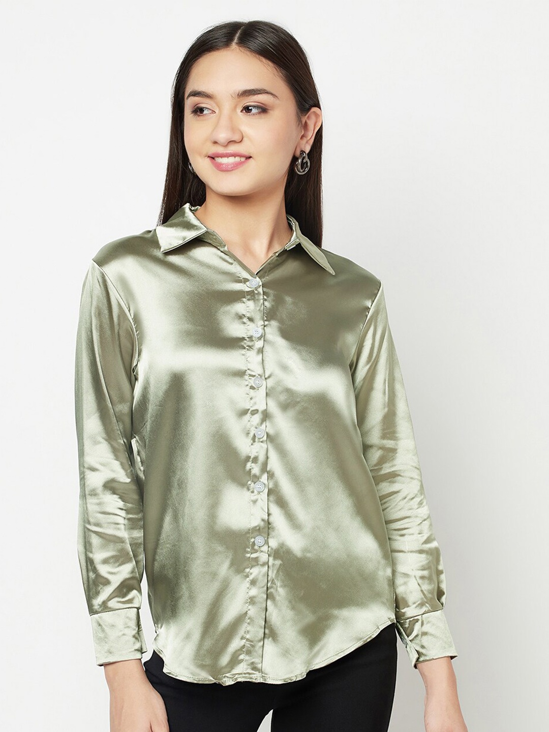 

iki chic Green Sheen Satin Shirt Style Top