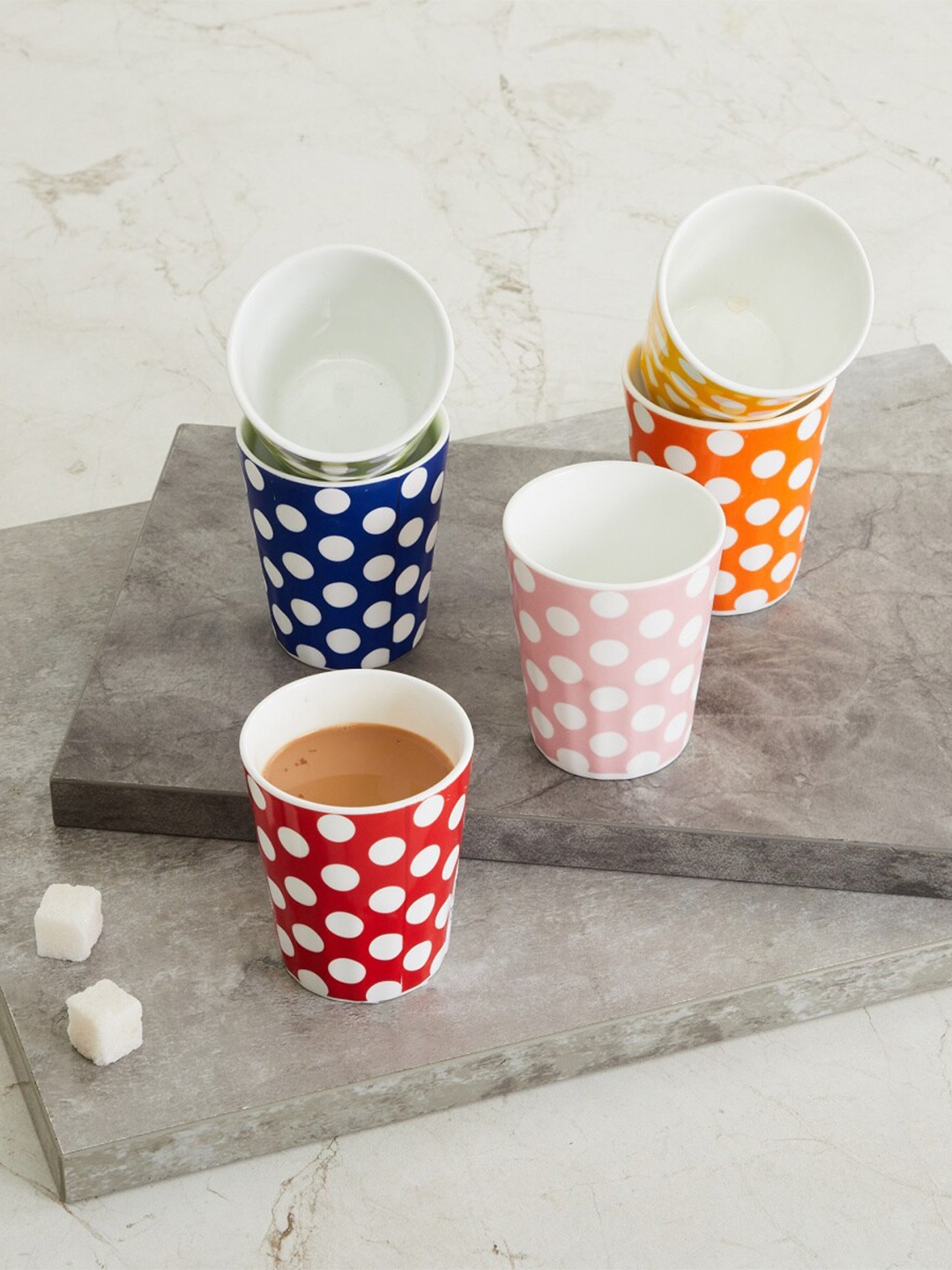 

Home Centre Set Of 6 Multicoloured Printed Bone China Matte Tumblers, Multi