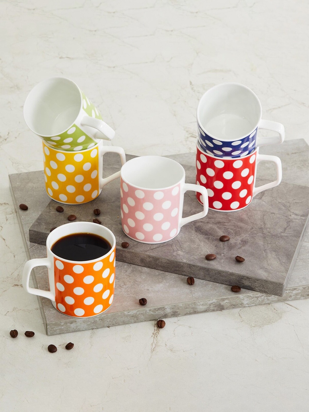 

Home Centre Set of 6 Polka dot Printed Ceramic Matte Cups, Orange