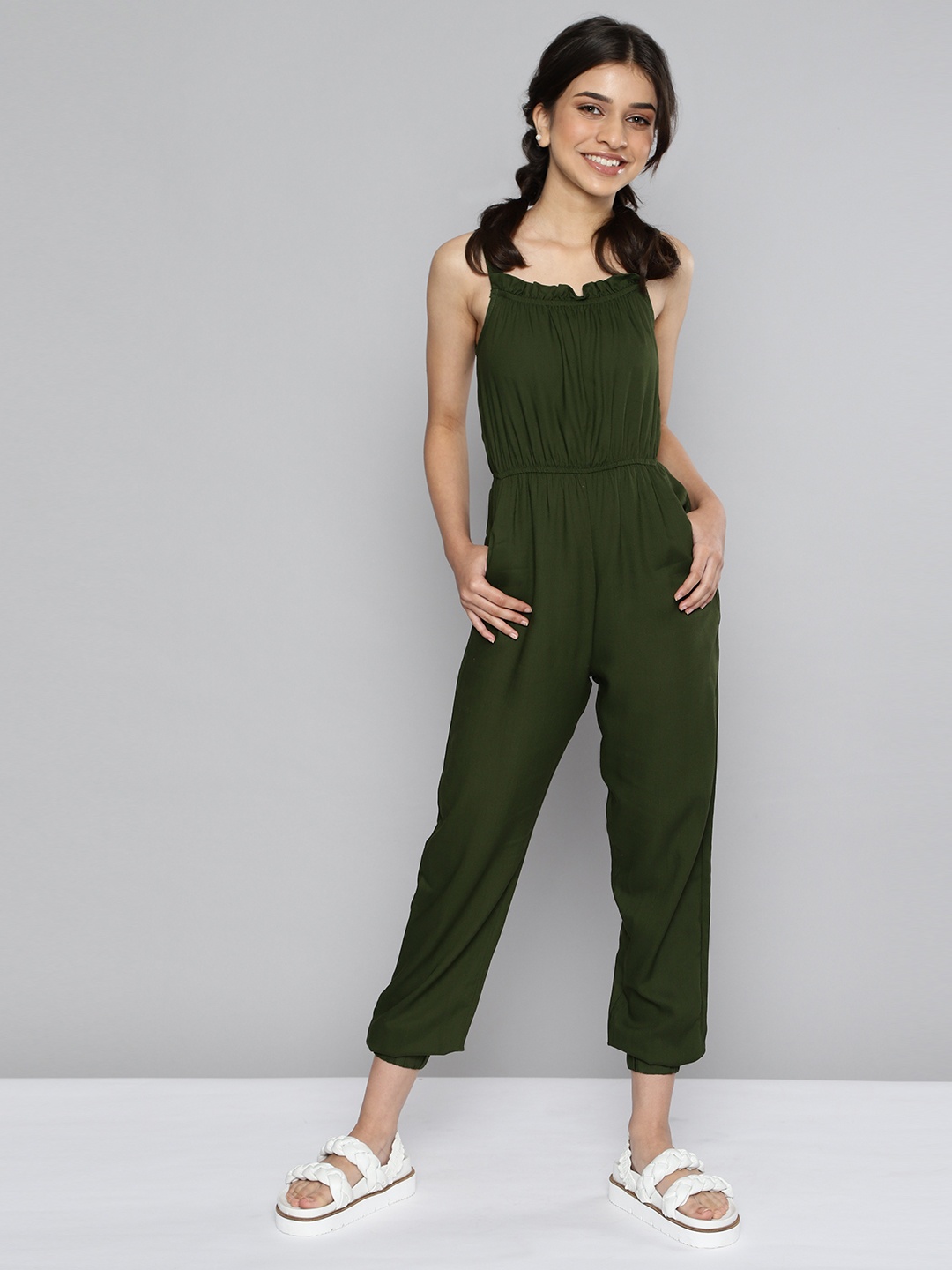 

JUSTICE Girls Olive Green Viscose Rayon Shoulder Straps Solid Basic Jumpsuit with Gathers