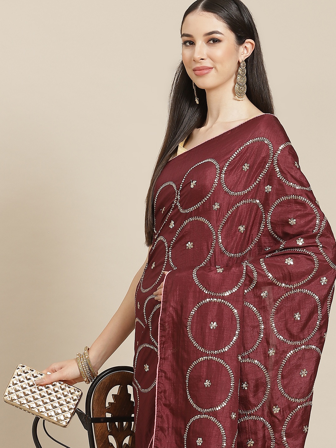 

Anouk Maroon & Pink Embellished Sequinned Silk Blend Saree