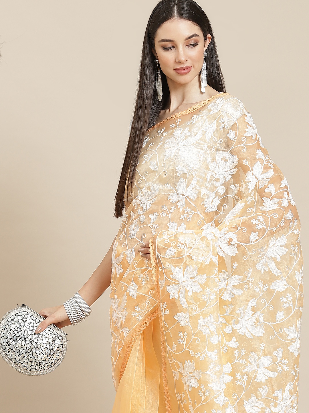 

Anouk Peach-Coloured & White Floral Organza Saree