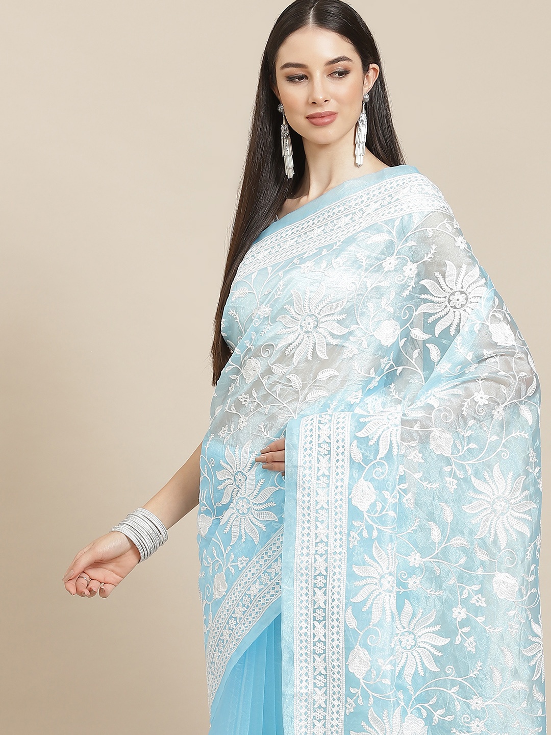 

Anouk Blue & White Floral Organza Saree