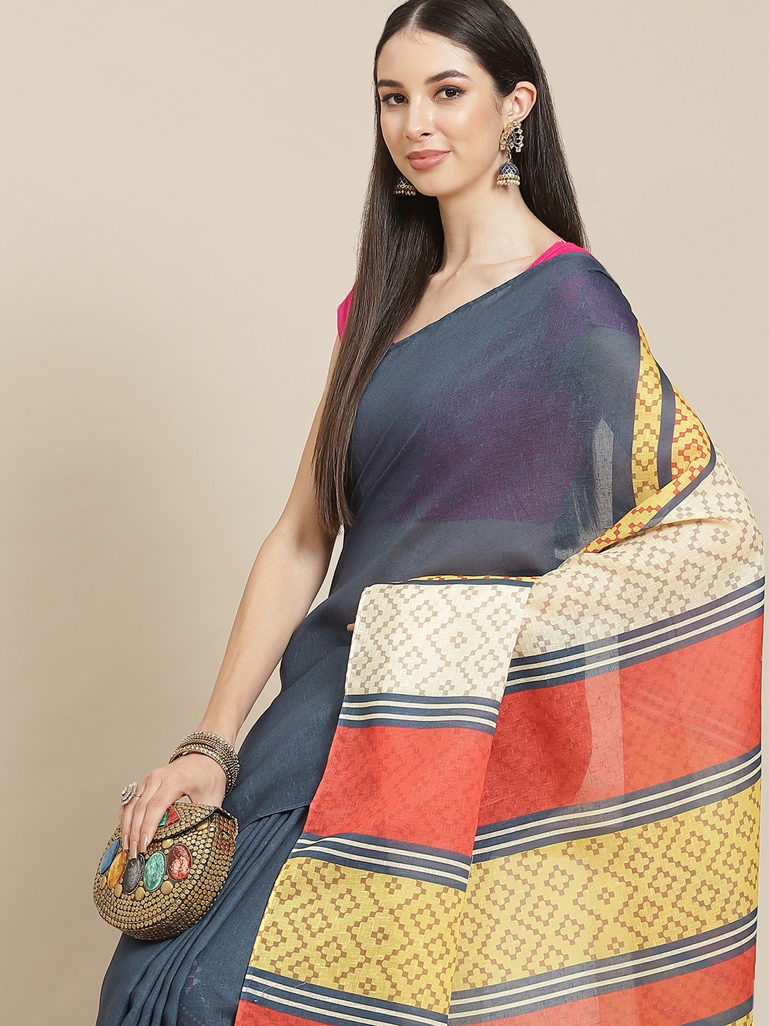 

Anouk Navy Blue & Yellow Linen Blend Saree