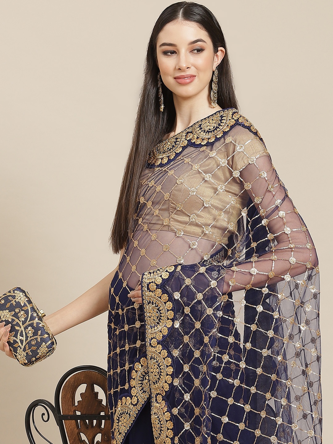

Anouk Navy Blue & Gold-Toned Embellished Sequinned Net Saree