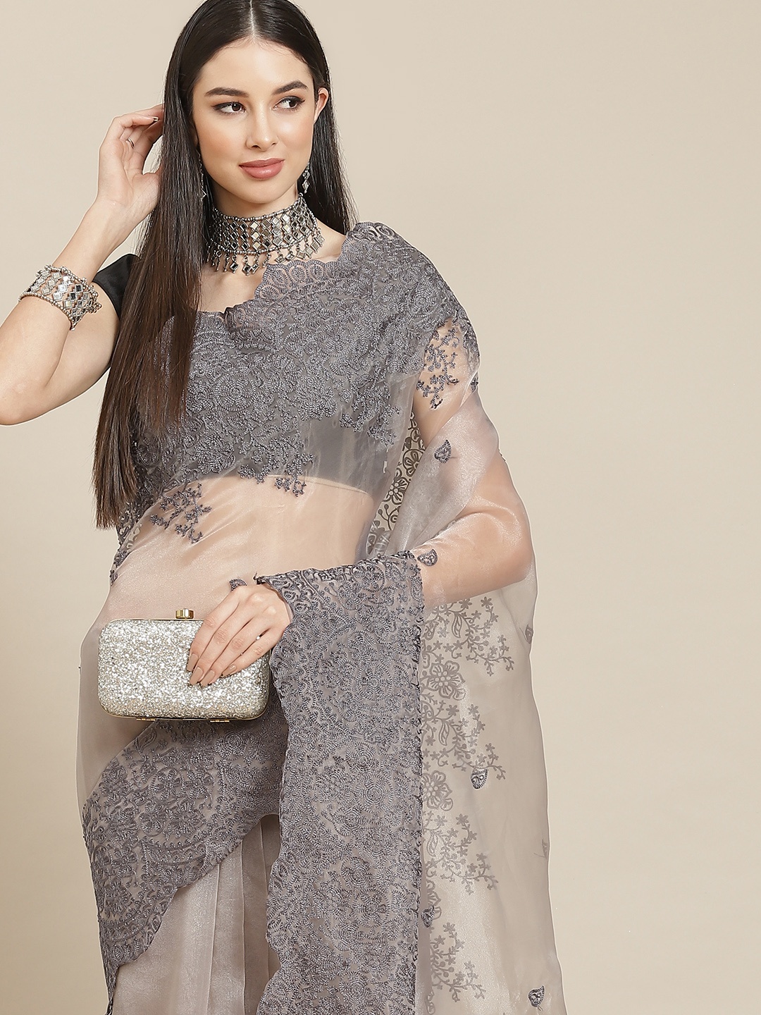 

Anouk Grey Embellished Organza Saree