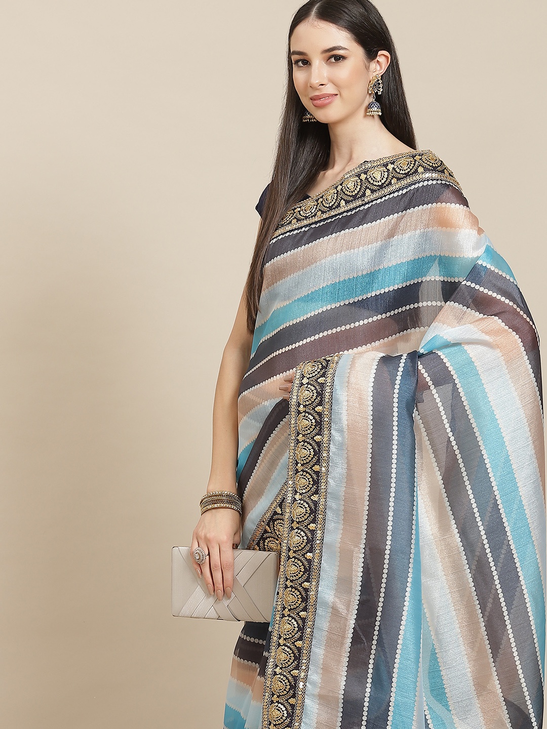 

Anouk Navy Blue Striped Organza Saree