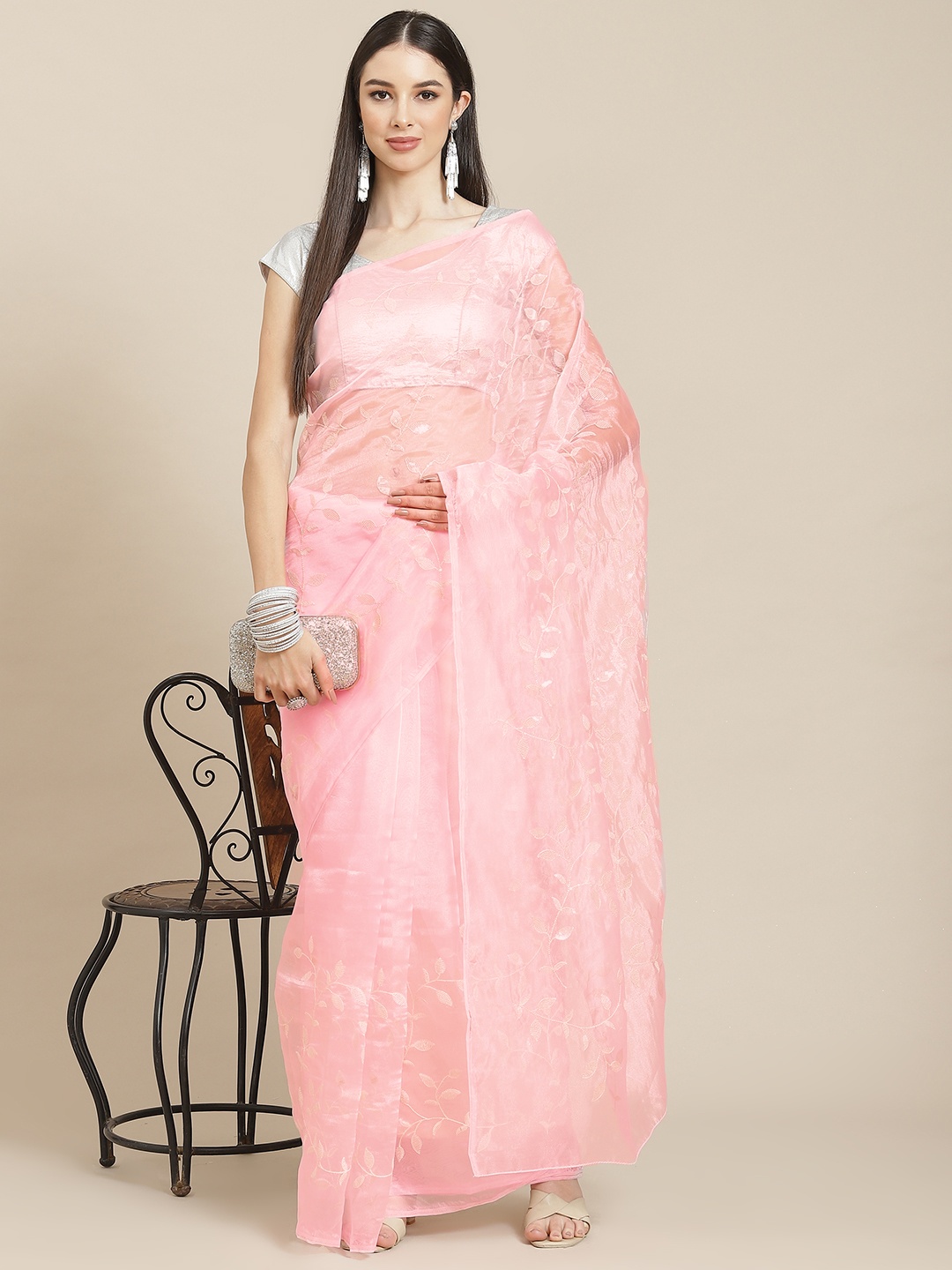 

Anouk Pink & White Embellished Sequinned Organza Saree