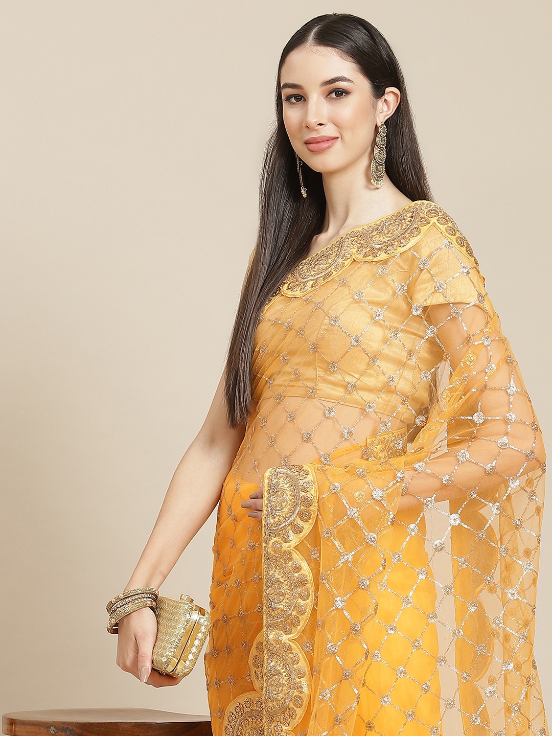 

Anouk Mustard Embellished Sequinned Net Saree
