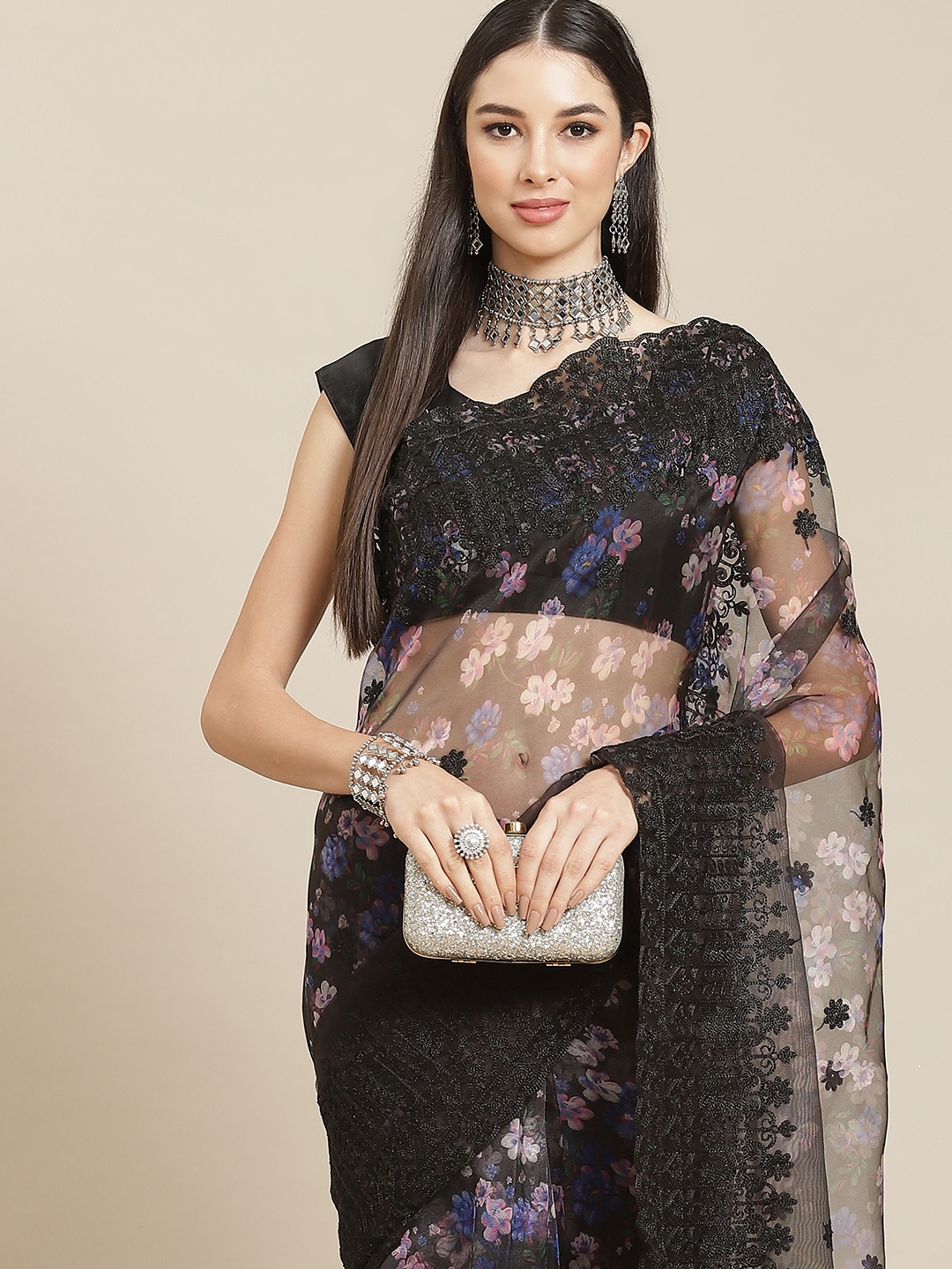 

Anouk Black Floral Organza Saree