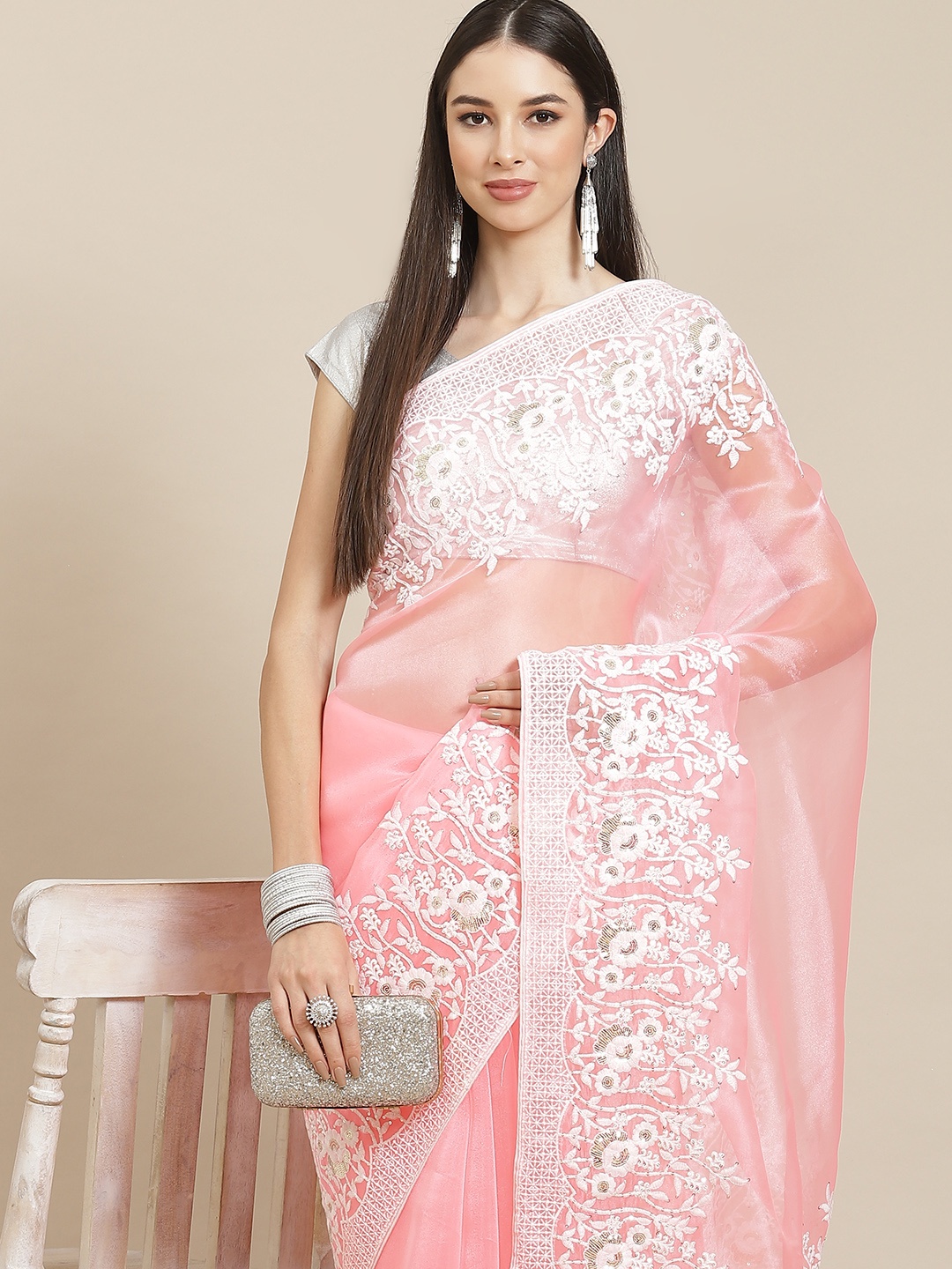 

Anouk Pink & White Sequinned Organza Saree