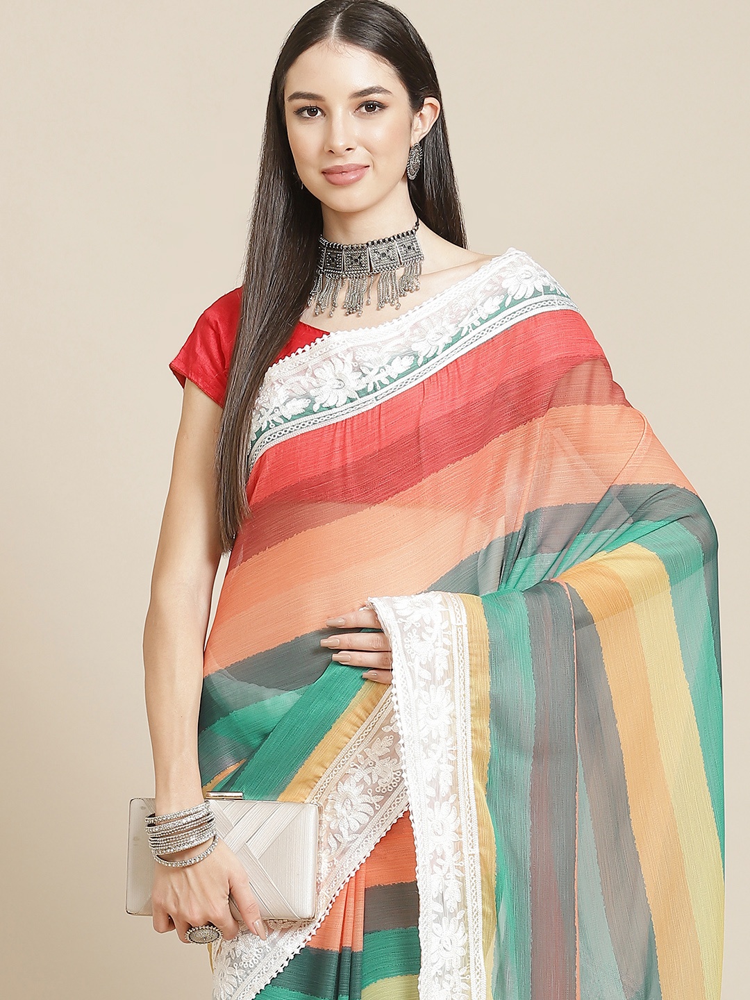 

Anouk White & Red Striped Saree