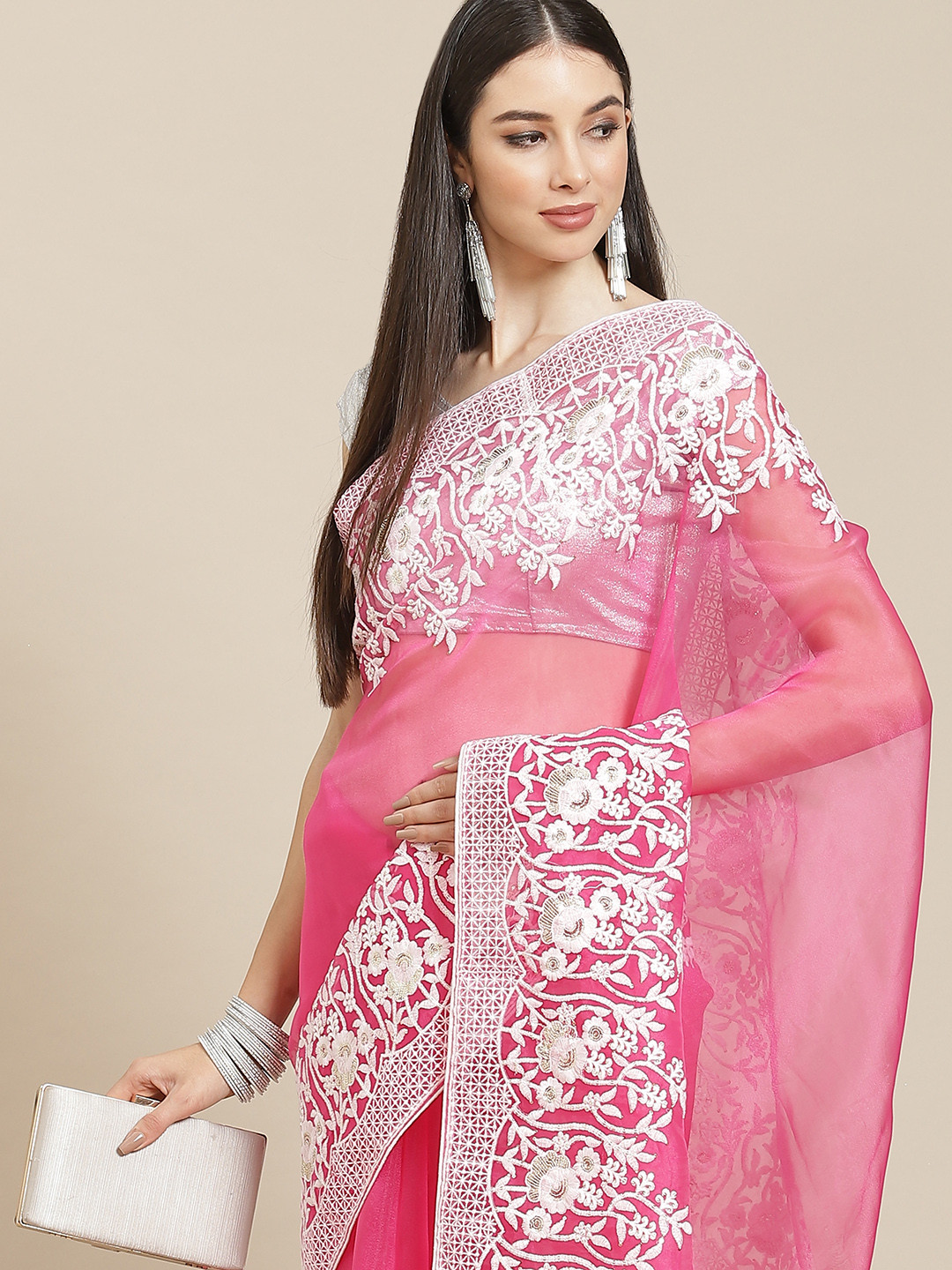 

Anouk Pink & White Sequinned Organza Saree