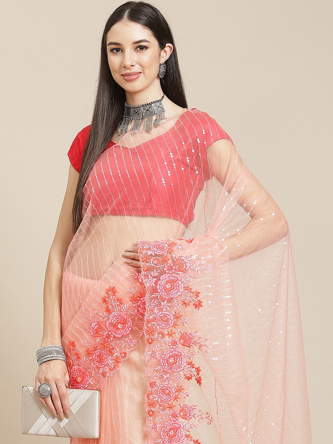

Anouk Peach-Coloured & Maroon Organza Saree