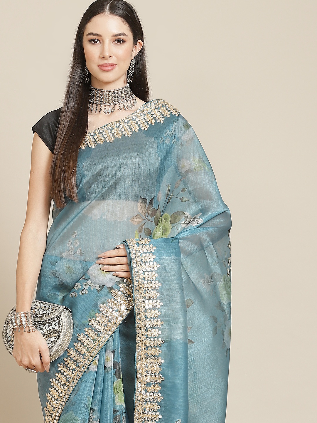 

Anouk Teal & Blue Floral Zardozi Organza Saree
