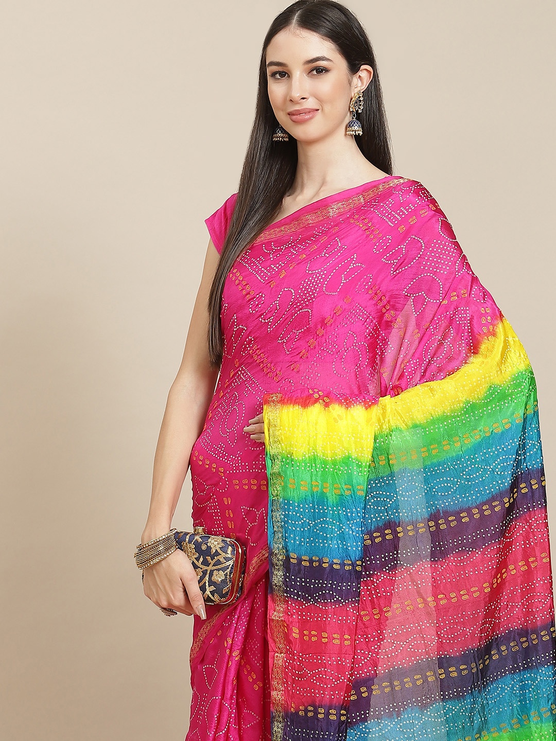 

Anouk Pink & Yellow Bandhani Art Silk Bandhani Saree