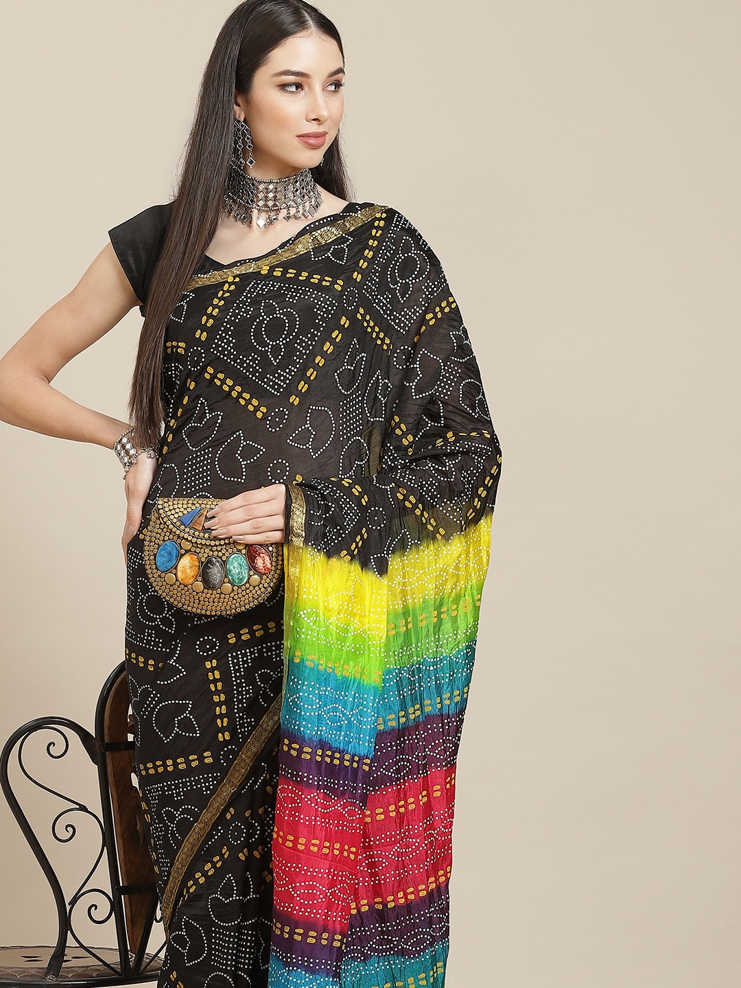 

Anouk Black & Multicoloured Bandhani Art Silk Bandhani Saree