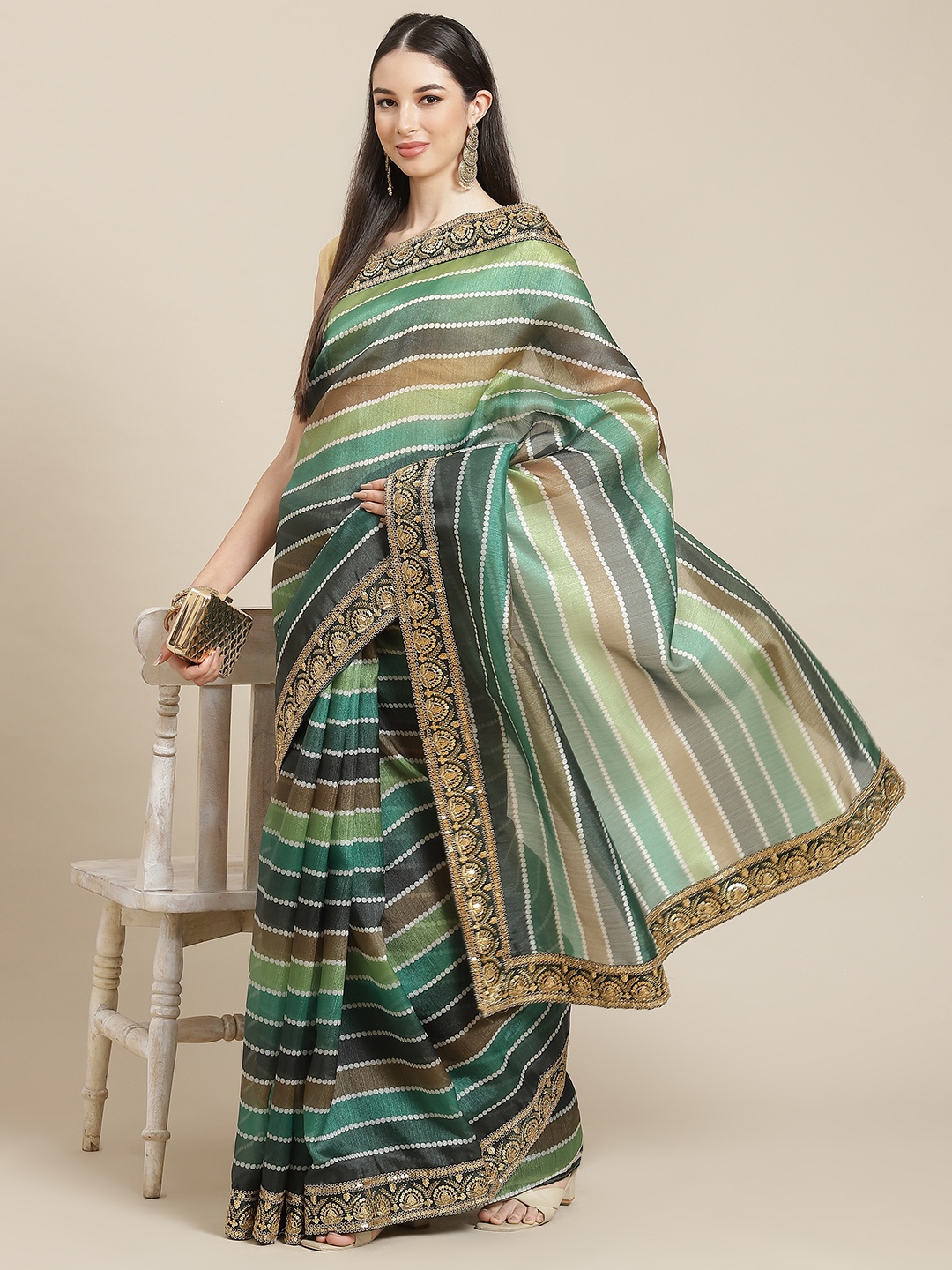 

Anouk Green & Multicoloured Striped Organza Saree