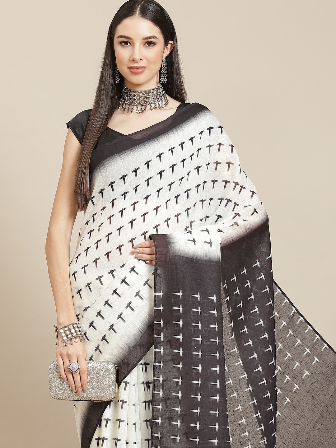 

Anouk White & Black Linen Blend Saree