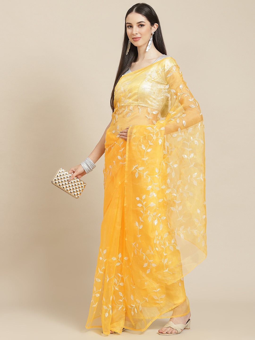 

Anouk Yellow Embellished Sequinned Organza Saree