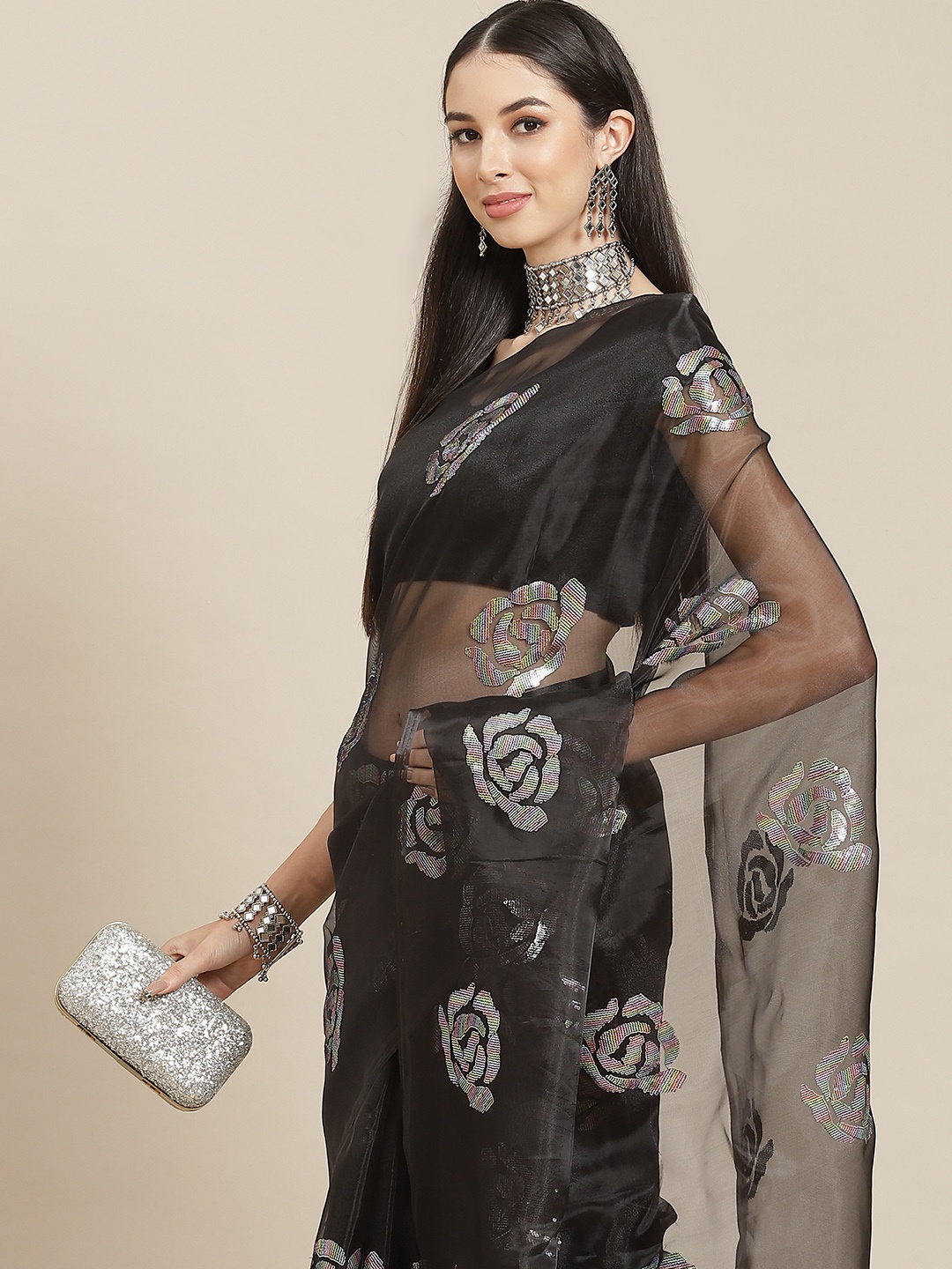 

Anouk Black Embellished Sequinned Organza Saree