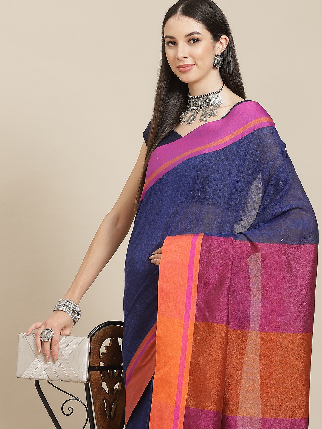 

Anouk Blue & Purple Linen Blend Saree