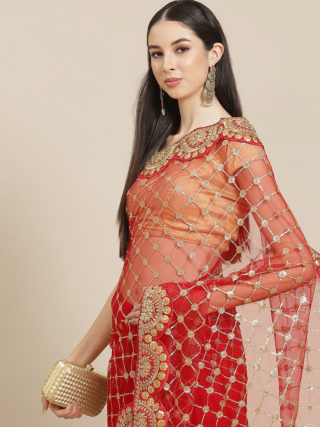 

Anouk Maroon & Gold-Toned Embellished Sequinned Net Saree