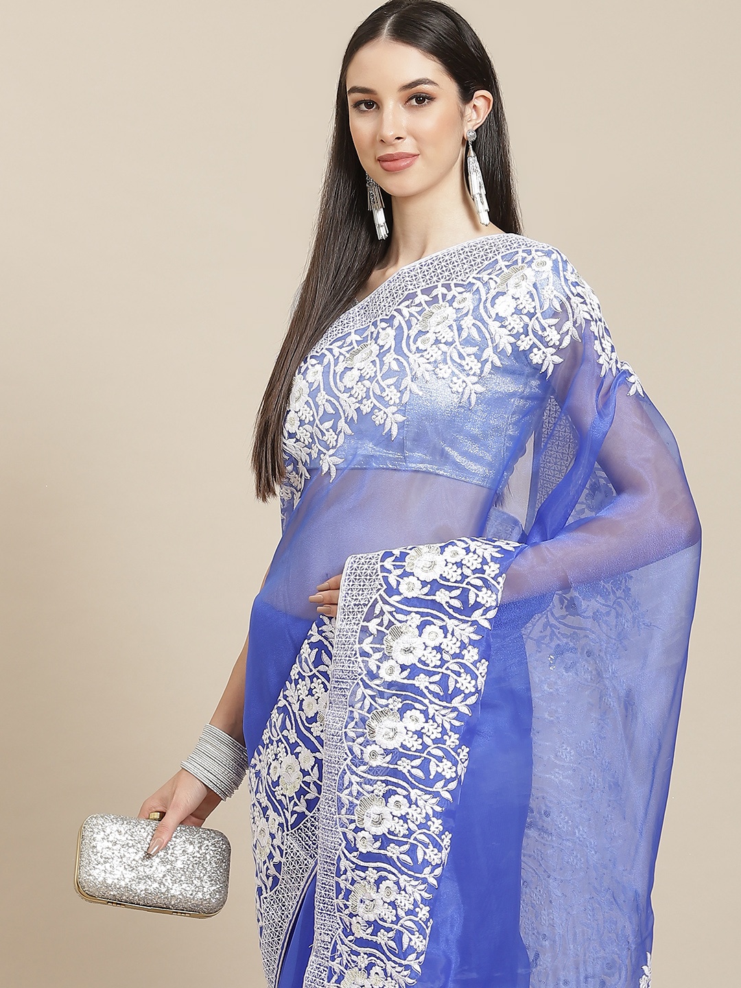 

Anouk Blue & White Organza Saree