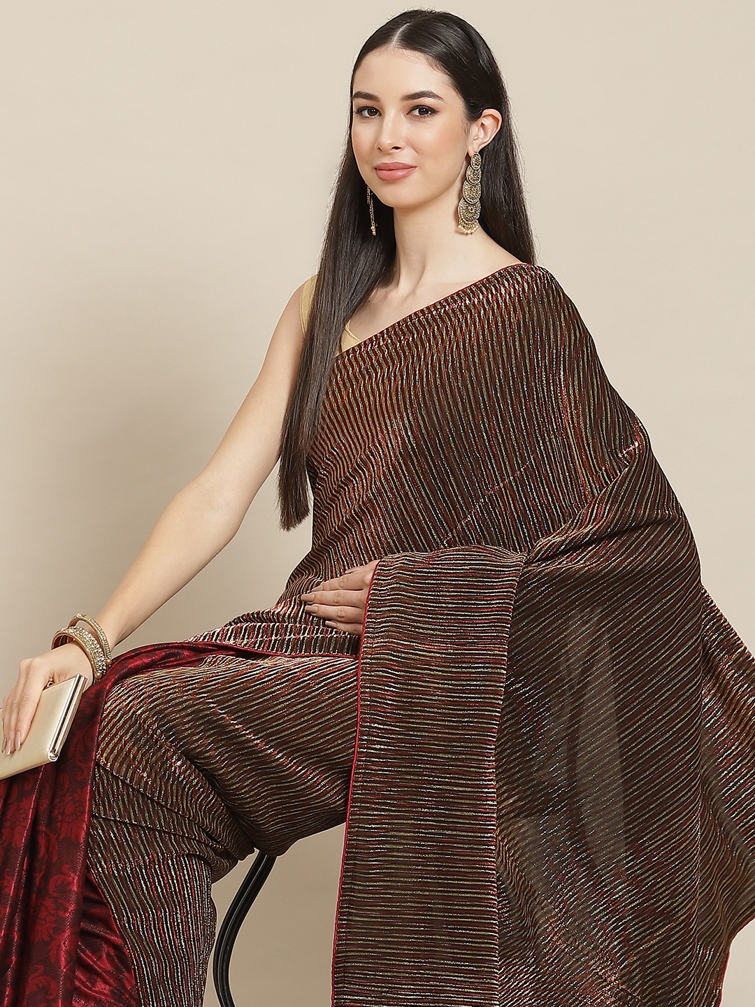 

Anouk Brown & Maroon Floral Accordion Pleated Saree