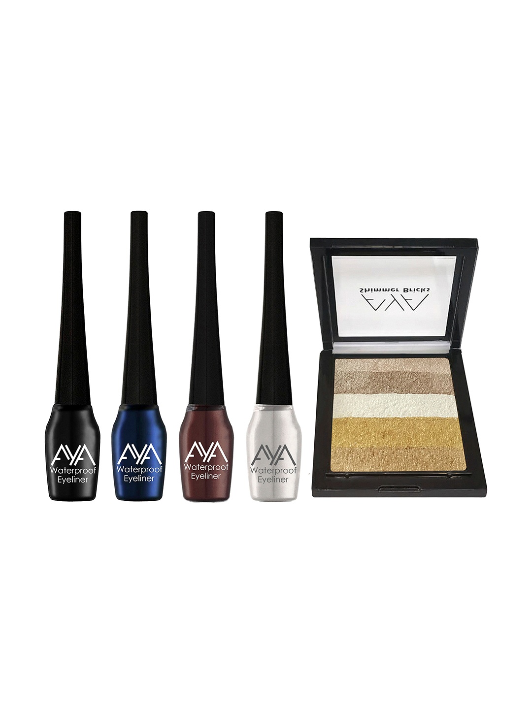 

AYA Waterproof Liquid Eyeliner Set of 4 - 5ml each & Shimmer Brick Highlighter, Black