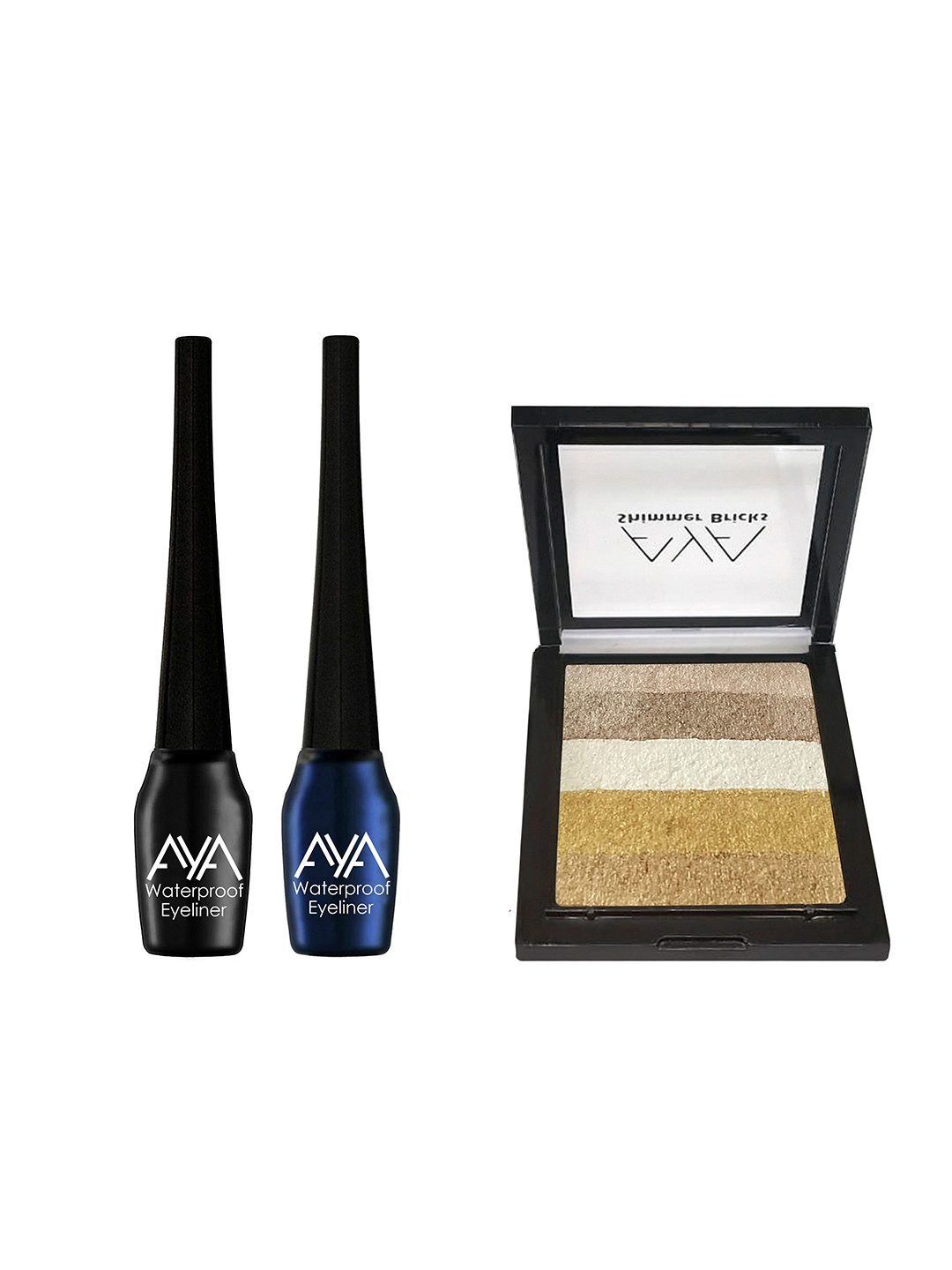 

AYA Set of 2 Waterproof Liquid Eyeliner 5ml Each & Shimmer Brick Highlighter 03, Black