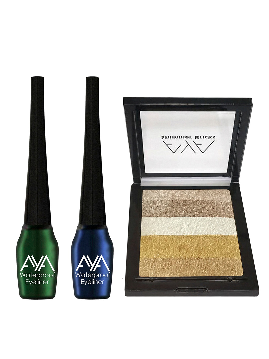 

AYA Set of 2 Waterproof Liquid Eyeliner 5ml Each & Shimmer Brick Highlighter 03, Green